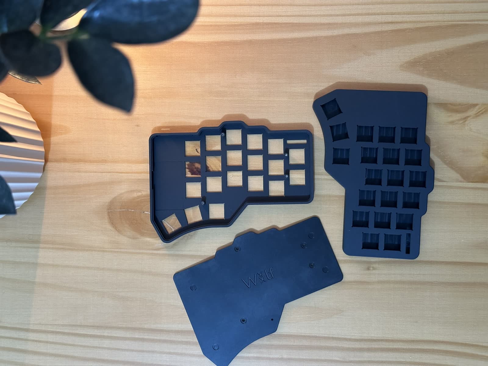 Case and PCB parts during The Wolf build