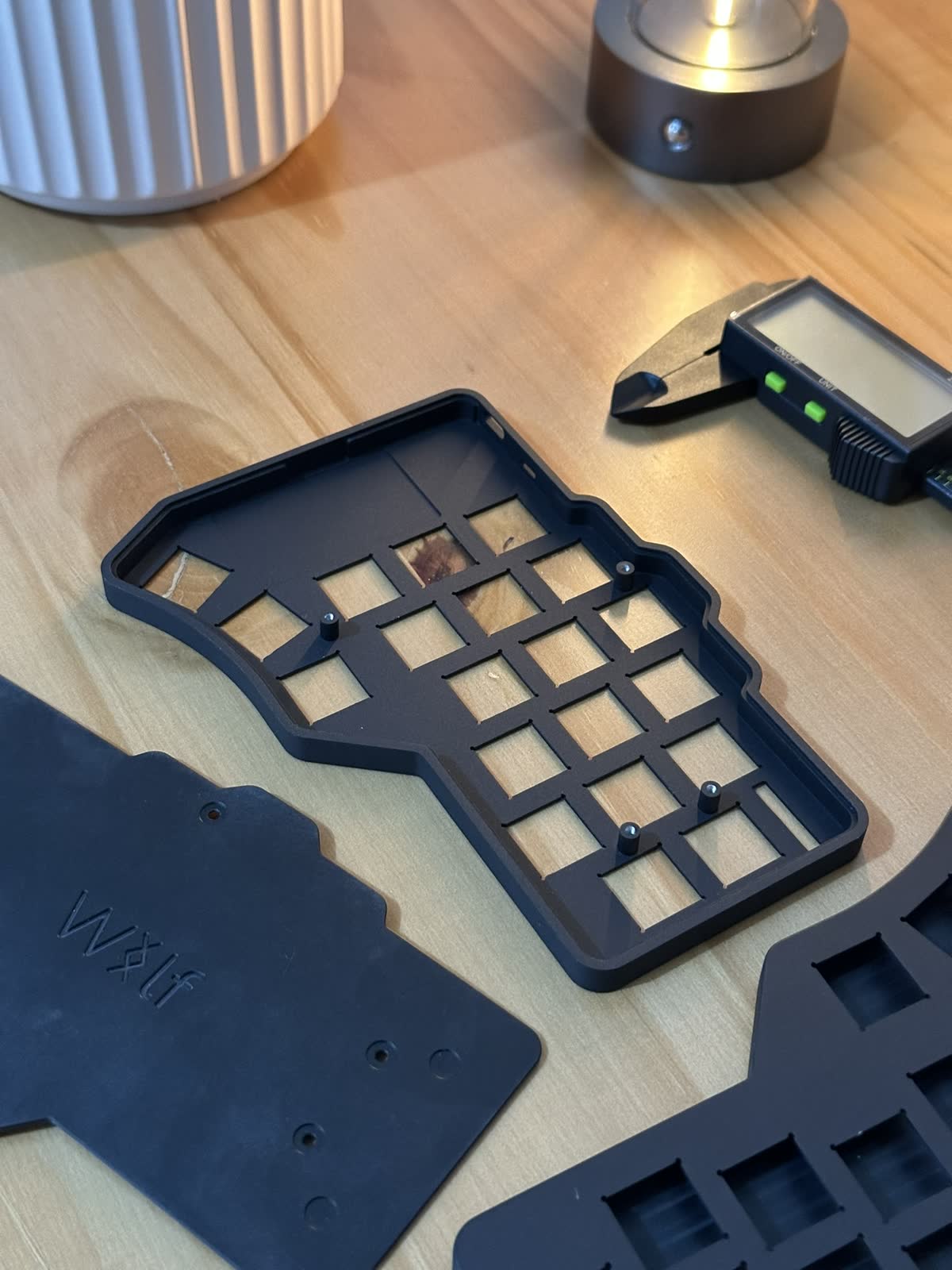 Case and PCB parts during The Wolf build