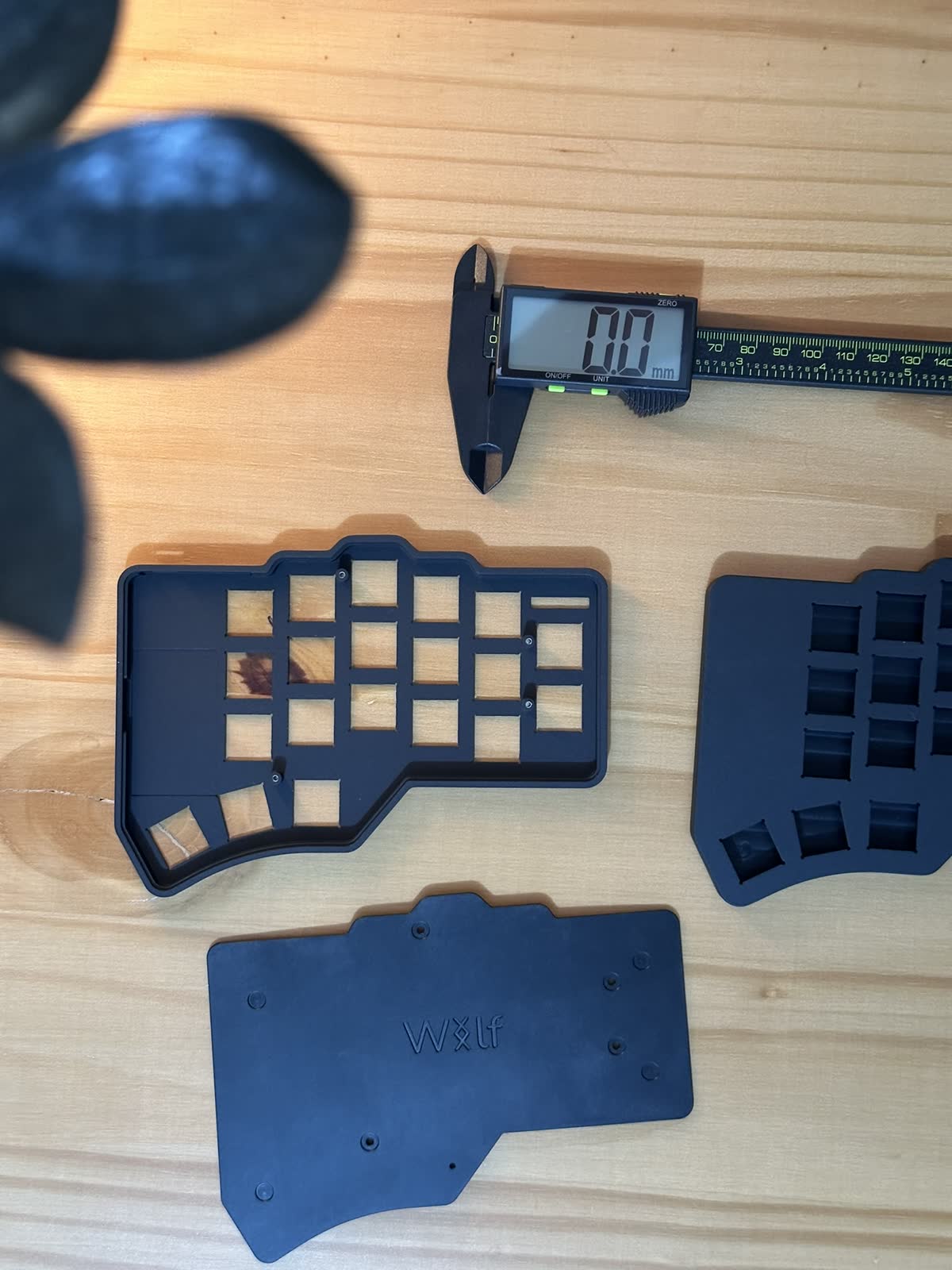Case and PCB parts during The Wolf build