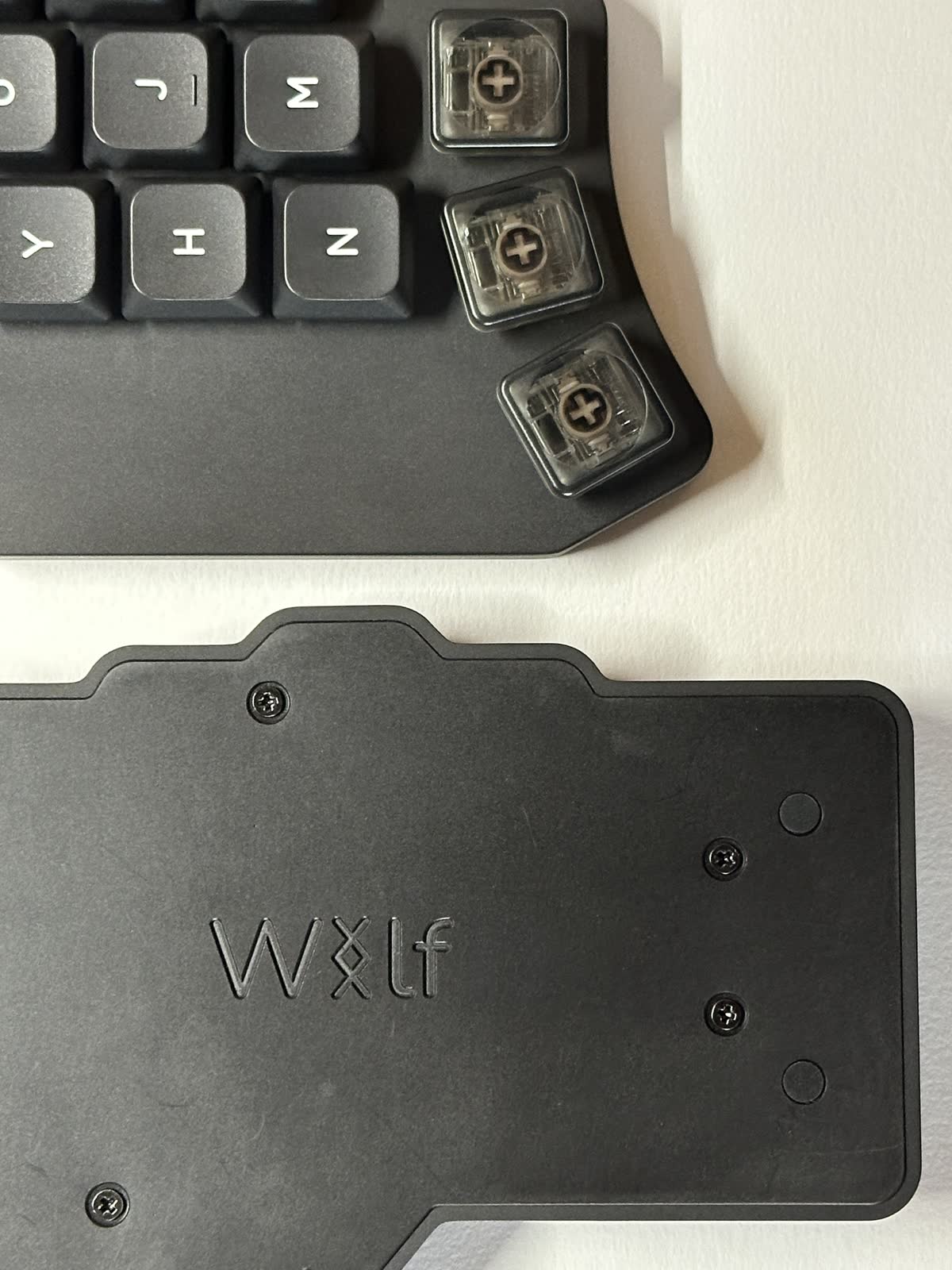 Detail of the keycaps and engraved bottom plate